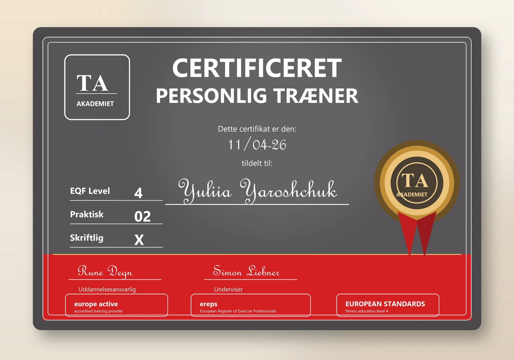Yuliias certifikat som personlig træner EQF Level 4